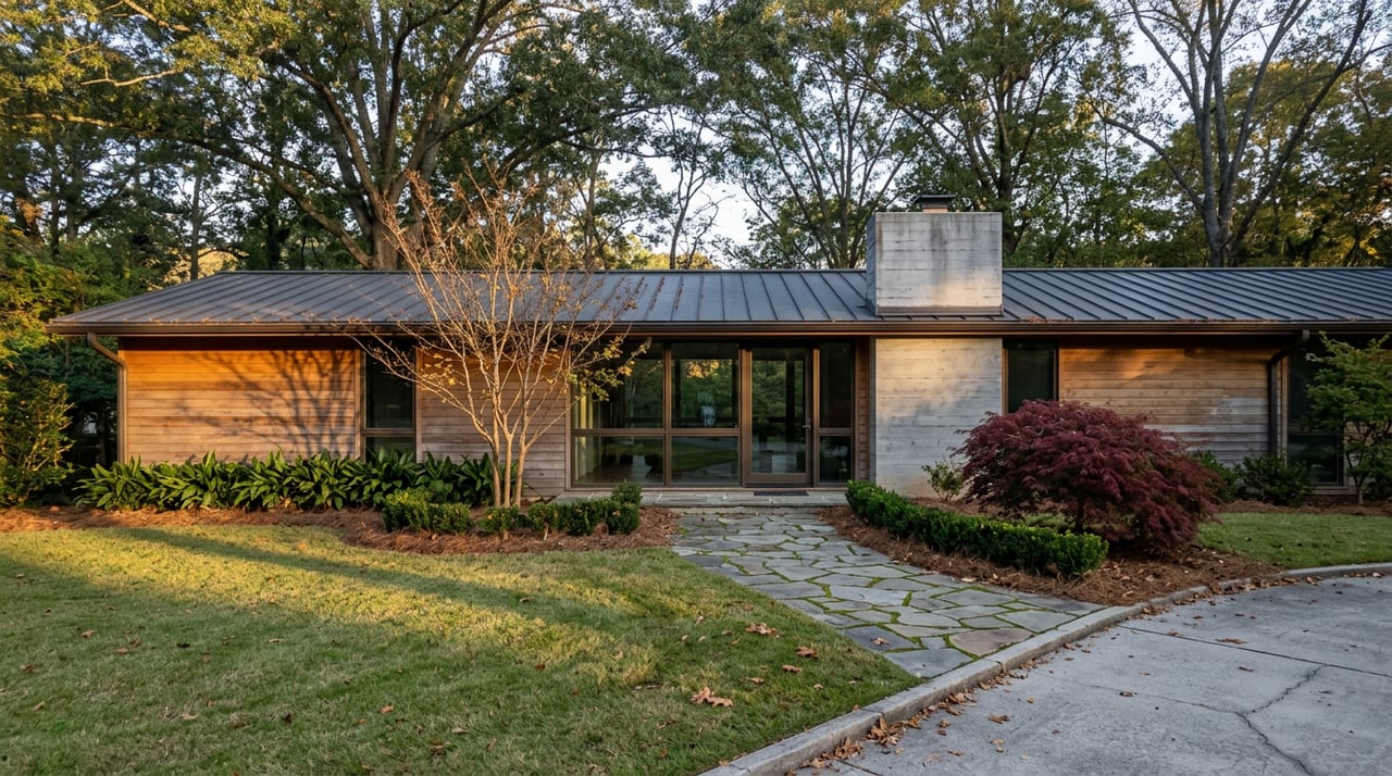 Low-slung cedar-and-glass home with a concrete chimney, flagstone path, and red Japanese maple beneath a tree canopy.