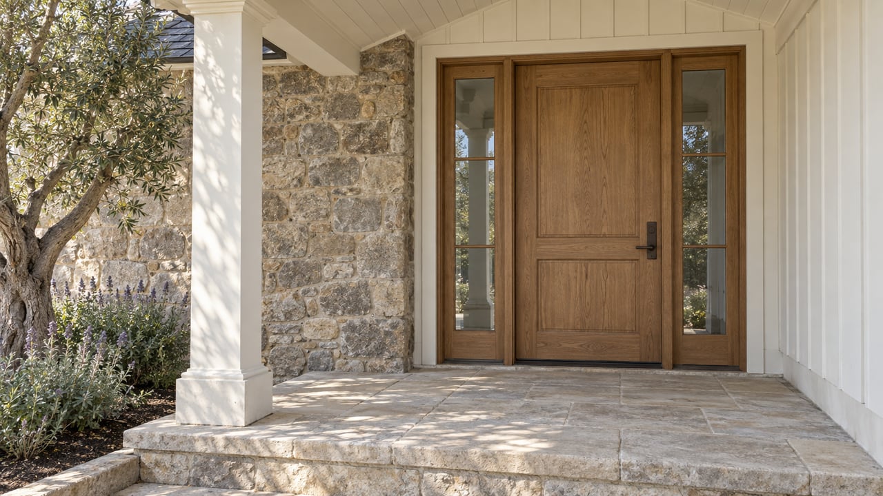 Sunlit estate entry with an oak door, paired glass sidelights, pale siding, stonework and an olive tree beside a limestone porch.