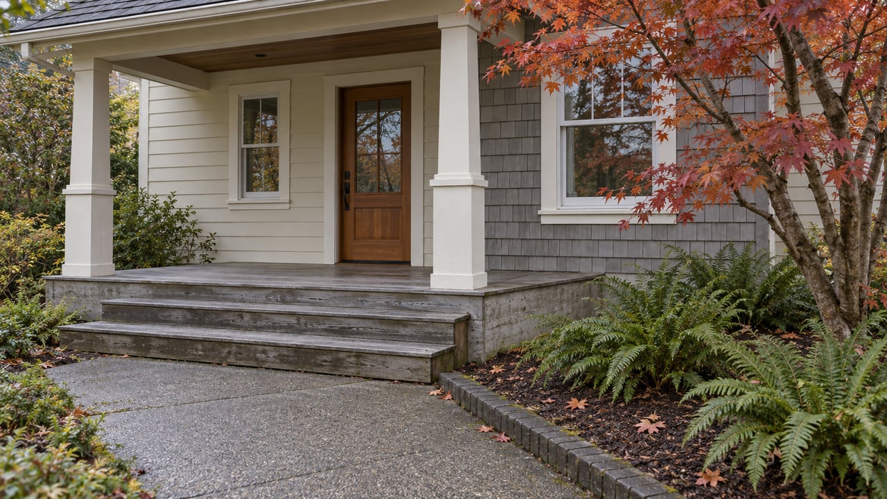 Covered front porch with weathered cedar steps, cream siding, concrete approach, red vine maple leaves and sword ferns.