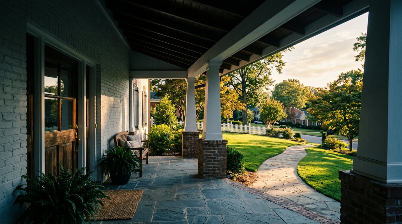 Painted-brick home’s shaded portico opens onto a sunlit lawn, flagstone walk, and brick garden wall.