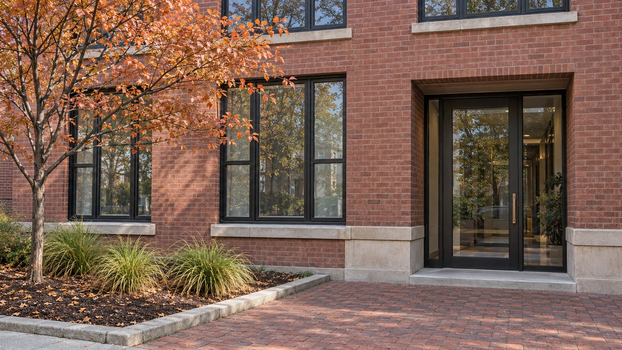 Sunlit red-brick condominium entrance with tall dark-framed windows, limestone detailing and a copper-leaved serviceberry beside the brick approach.
