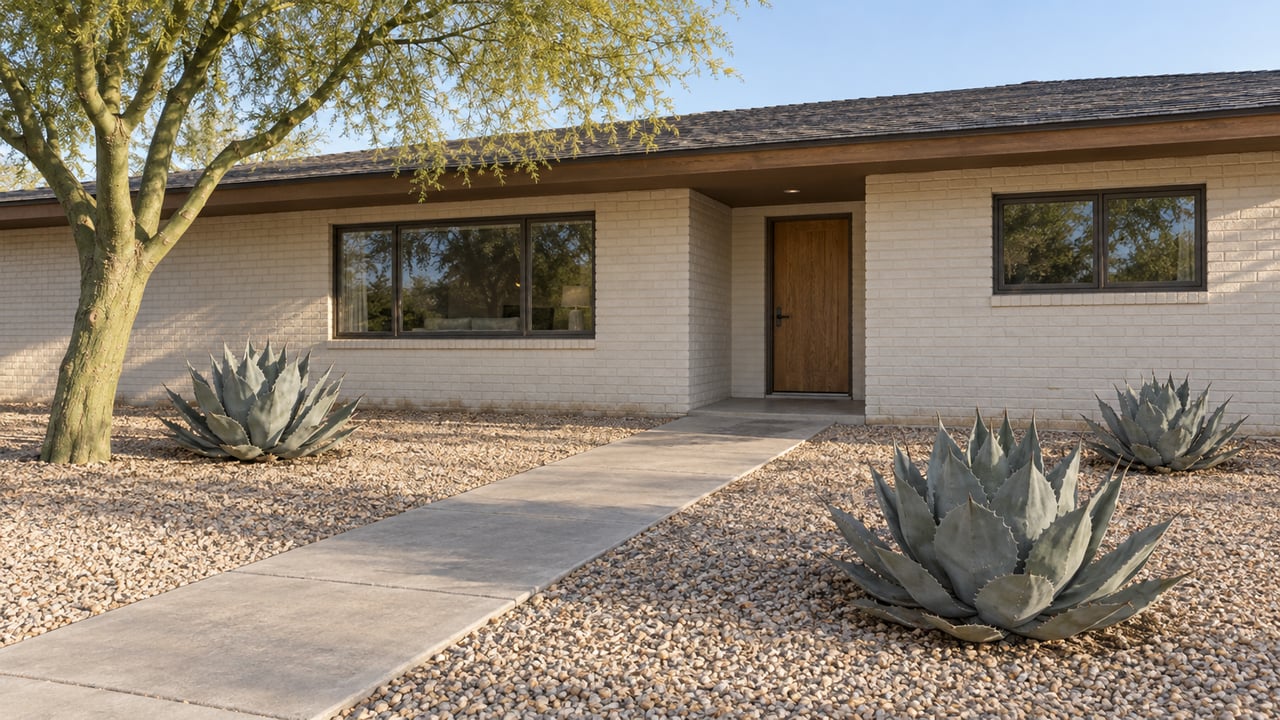 Cream brick ranch home with bronze-framed windows, an oak entry door and a deep gravel garden containing a sculptural green-trunk tree and three agaves.