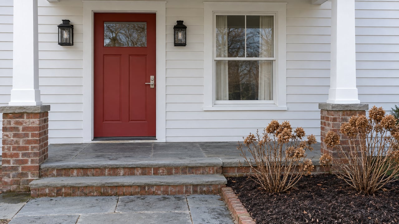 A red front door beneath a white clapboard porch, with bluestone steps, brick edging and dried oakleaf hydrangea flowers.