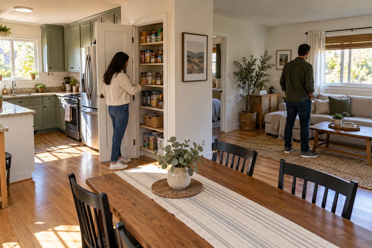 Two buyers evaluate storage, circulation, and practical living space inside a compact San Luis Obispo County home.