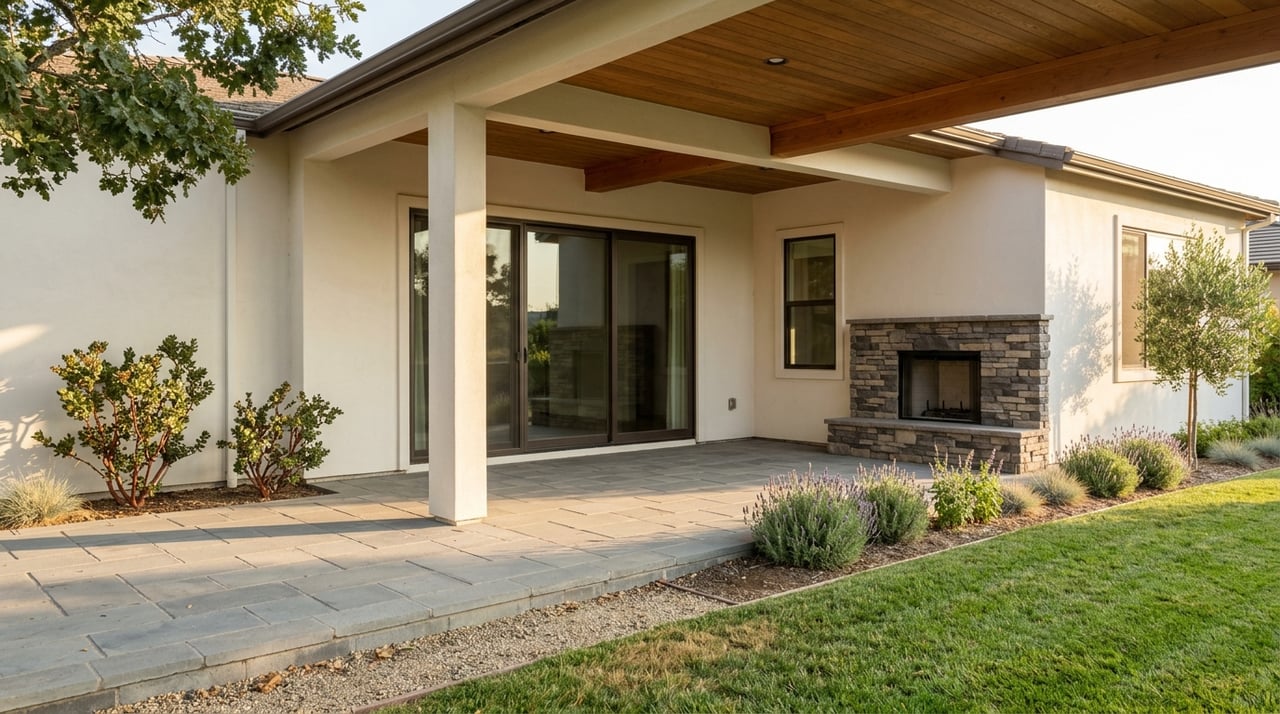 Stucco patio threshold with ledgestone walls, bluestone paving, and oak and manzanita trees at golden hour.