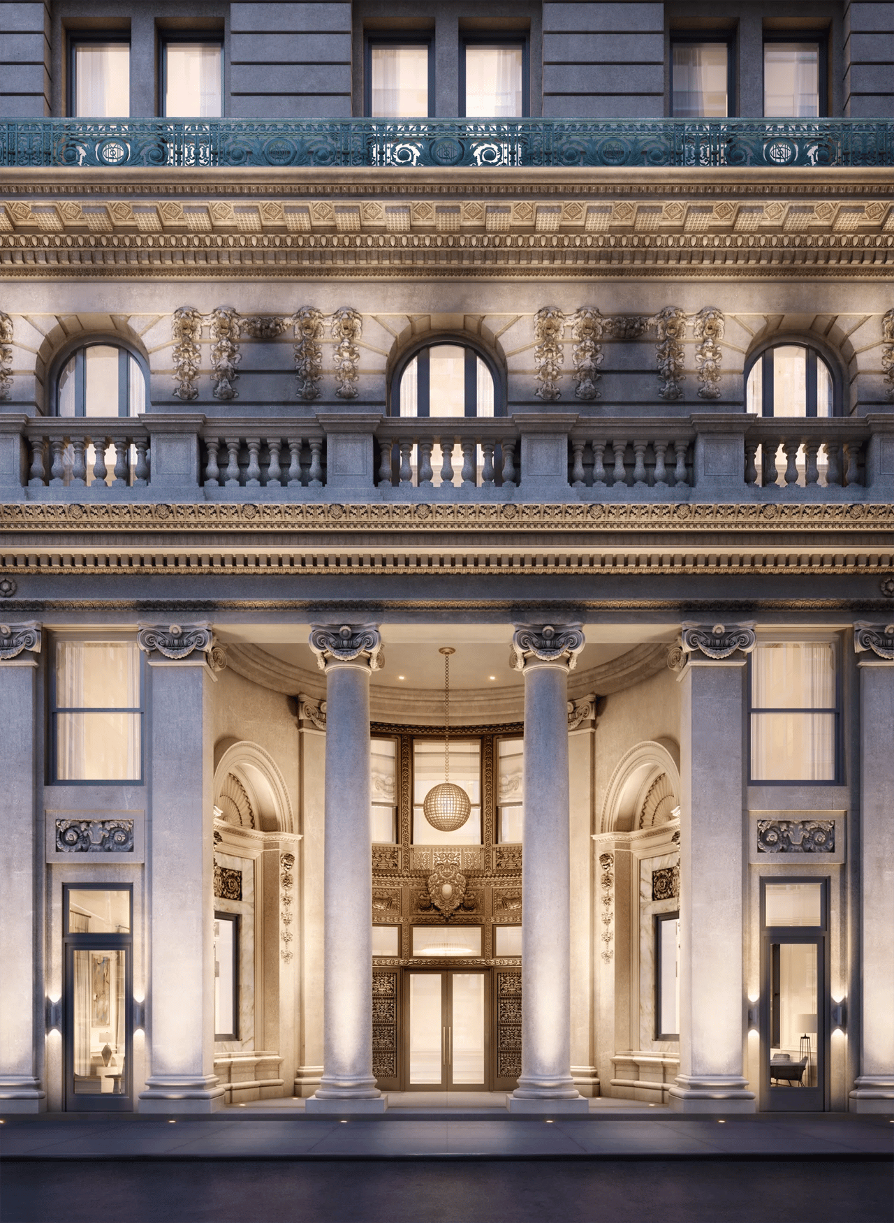 108 Leonard’s ornate entrance with tall stone columns and carved facade details.