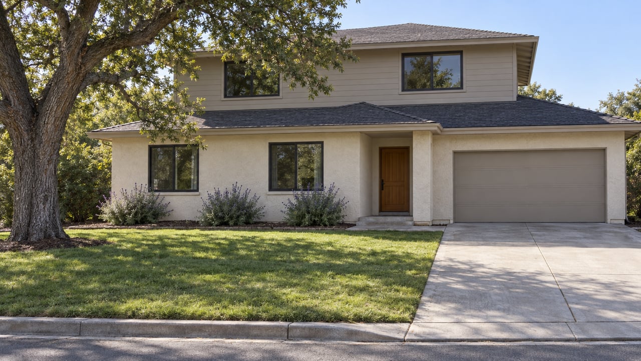 Two-story stucco and painted-siding home behind a deep green lawn, with a mature oak, concrete walkway and recessed entry.