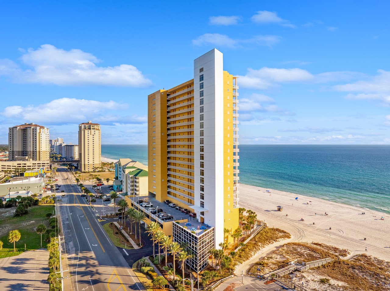 rial of a high-rise condo beside Front Beach Road and the Gulf in Panama City Beach