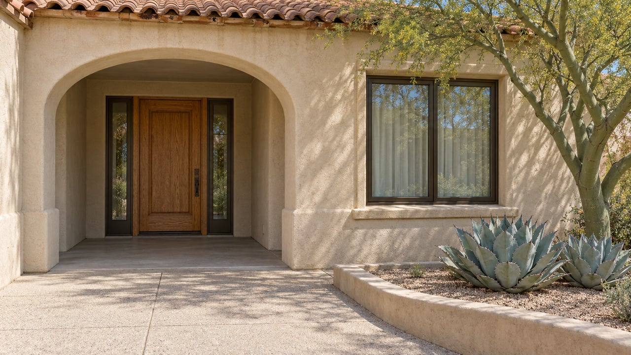 Cream stucco home with a clay tile roof, shaded arched entry, bronze-framed window and sculptural desert planting beside a concrete approach.