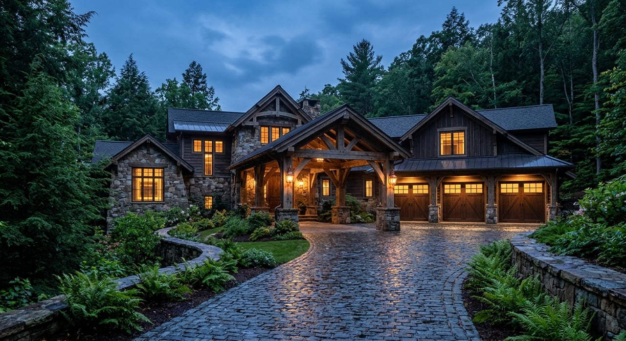 Stone estate porte cochere with timber posts, arched cedar garage doors, and warm lights beside a wet cobbled driveway.