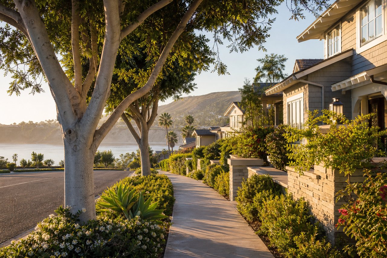Coastal homes line a landscaped sidewalk beside calm water at golden hour.