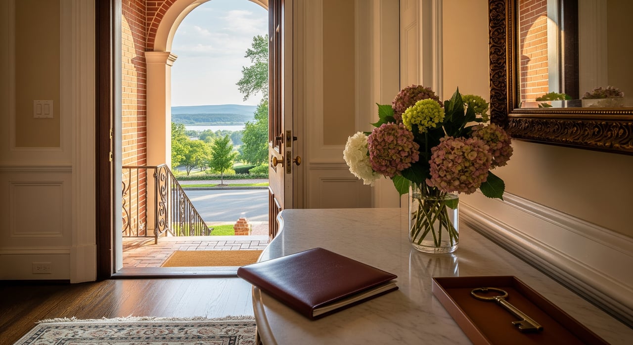 Hydrangeas and a brass key on a marble table beside an open arched doorway overlooking a lake.