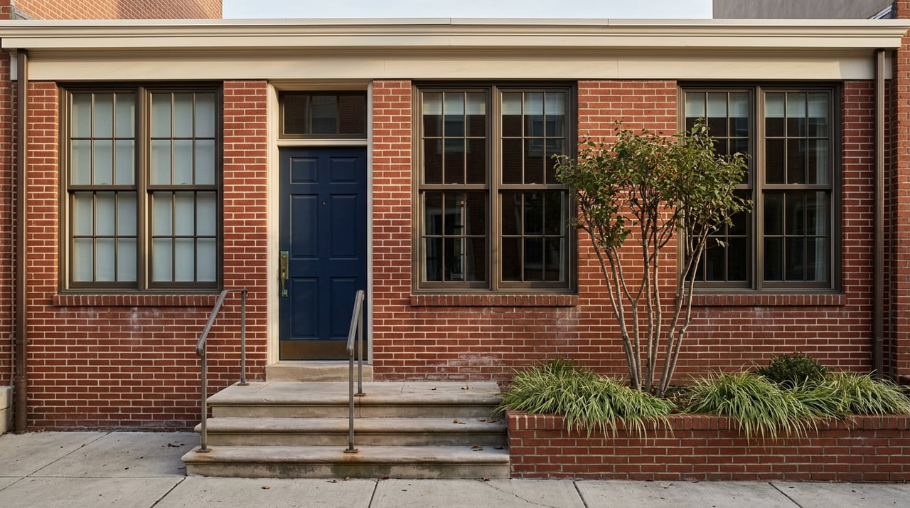 Red-brick rowhome facade with a navy paneled door, stone stoop, and a small tree in a raised planter.