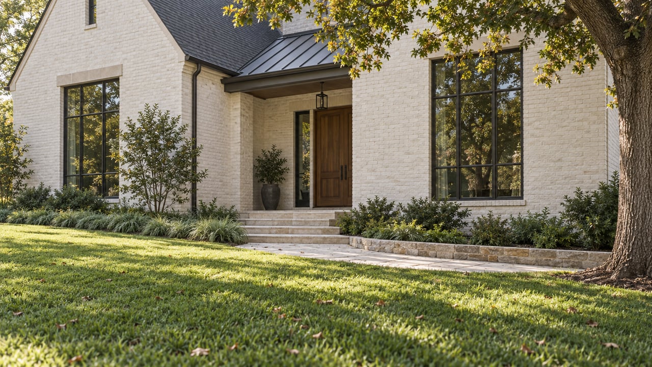 Off-white brick home with a recessed oak entry, bronze-framed windows, and a limestone approach across a broad lawn.