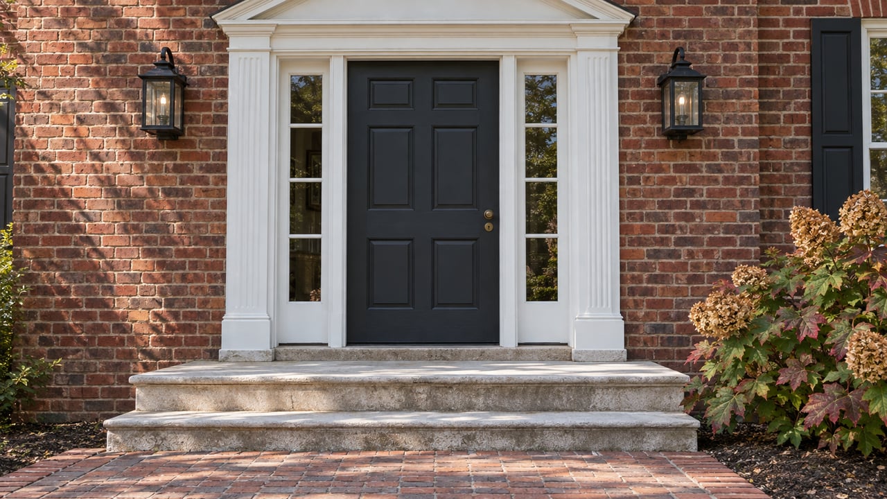Red-brick home entrance with a white pediment, charcoal door, matching sidelights and worn limestone steps beside an oakleaf hydrangea.