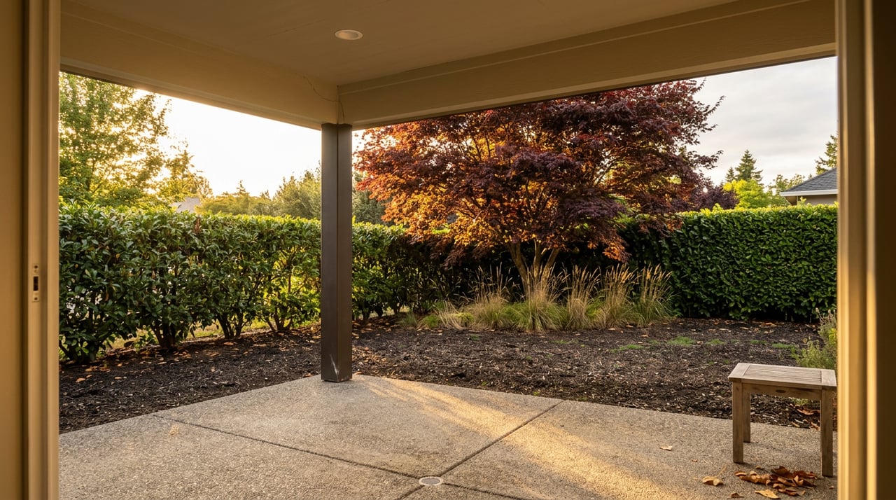 Covered patio opens onto a garden with a clipped hedge, feather reed grass, and a deep red Japanese maple.