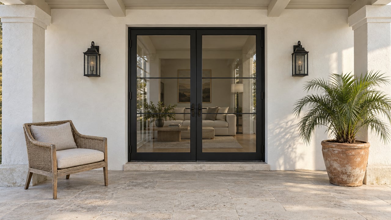 White stucco upper porch with paired black-framed glass doors, limestone paving, a woven teak chair, and a potted dwarf date palm.