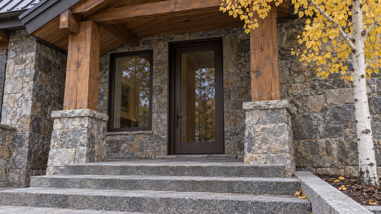 Timber-eaved home entrance with gray stone walls, granite steps and yellow aspen leaves in soft autumn daylight.