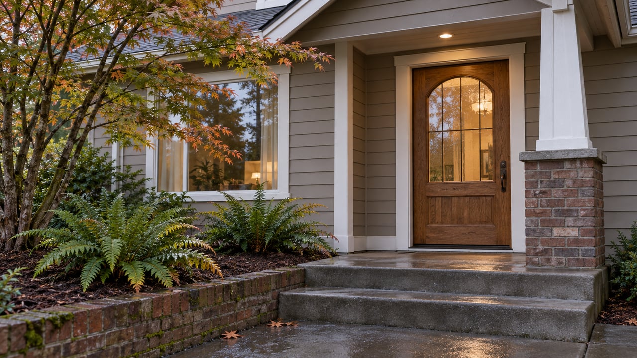 A taupe-sided home entrance with arched door glazing, a brick porch pier, damp concrete steps and a vine maple beside sword ferns.