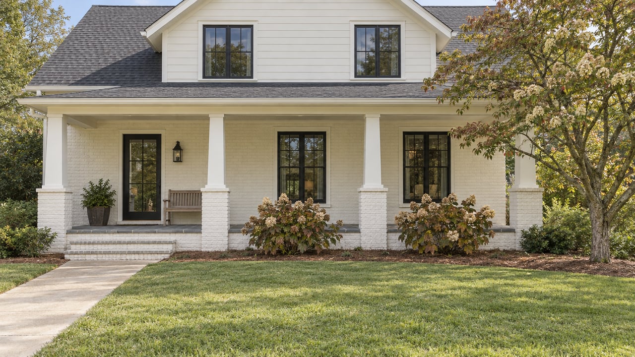 Light-sided gabled home with a slate-floored porch, generous lawn, and oakleaf hydrangeas in autumn color.