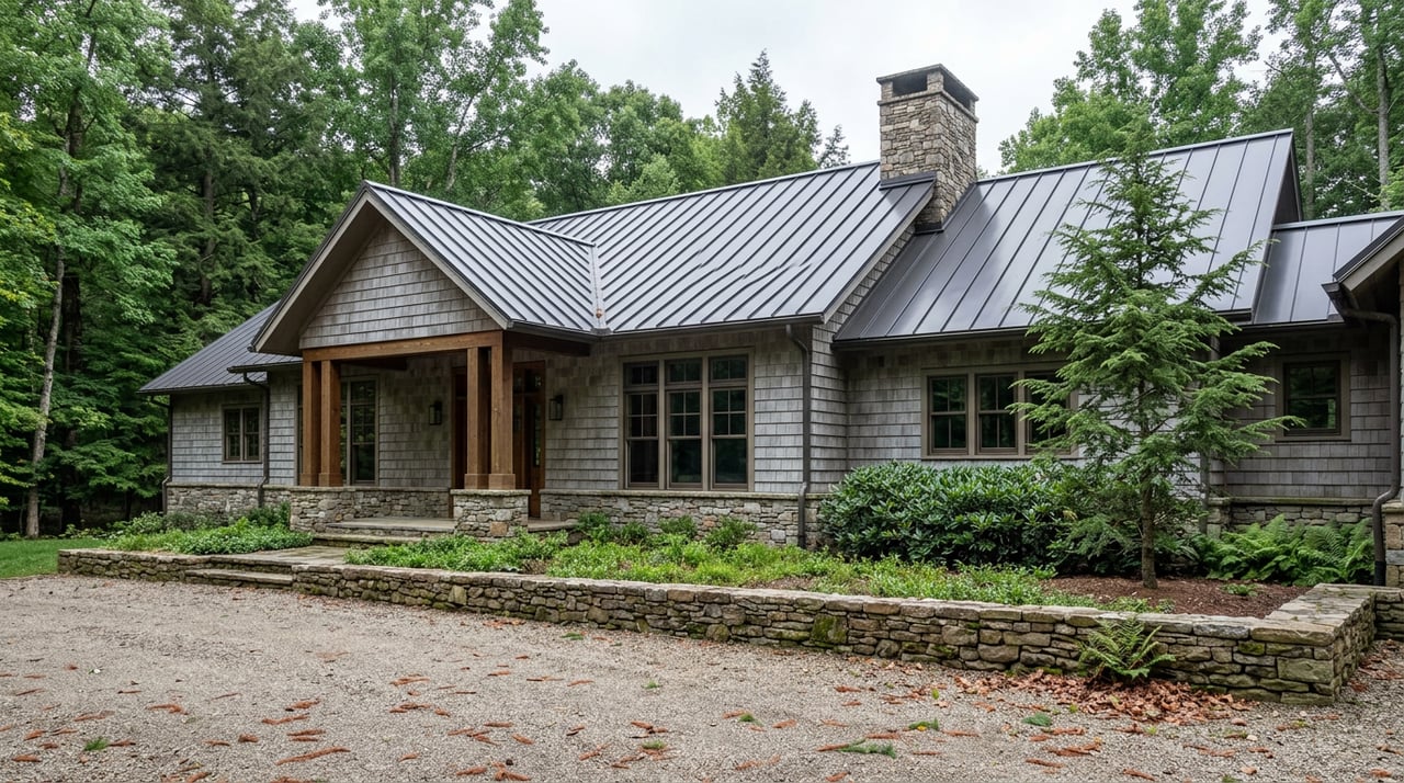 Three-quarter view of a cedar-shake mountain home with a stone chimney, gravel motor court, and forest behind it.