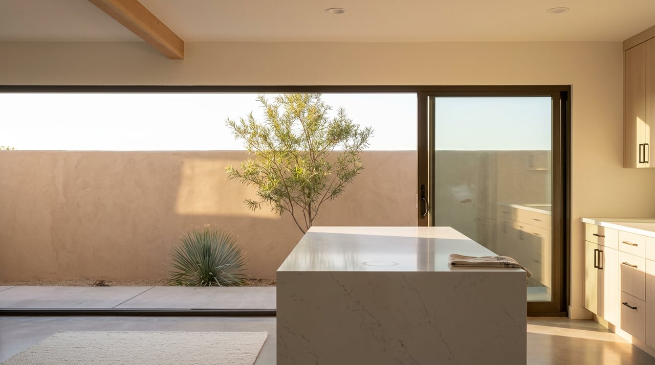 Open kitchen with a stone island, pale wood cabinets, and a desert willow visible beyond the sliding glass door.