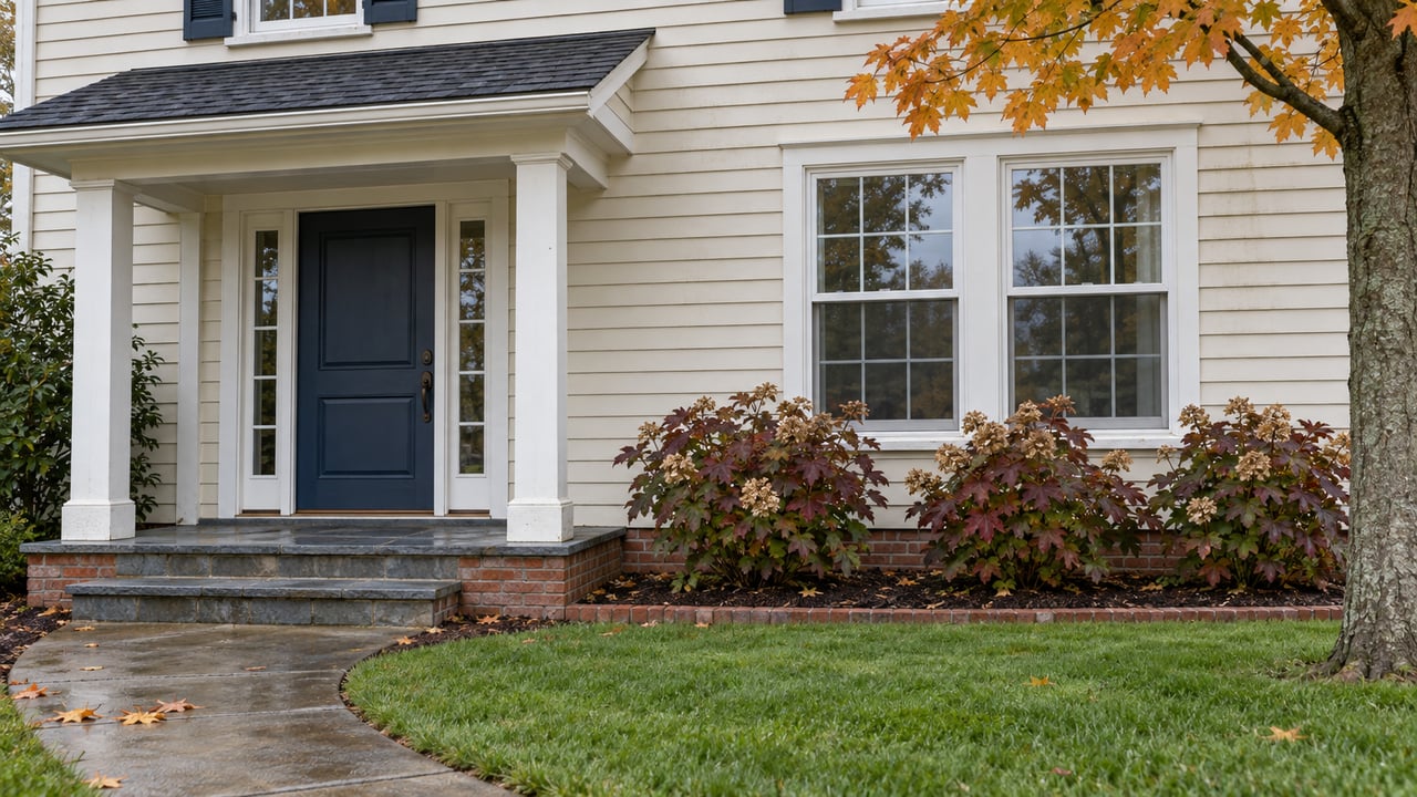 Cream clapboard home with a blue front door, bluestone steps, red brick foundation and autumn planting after rain.