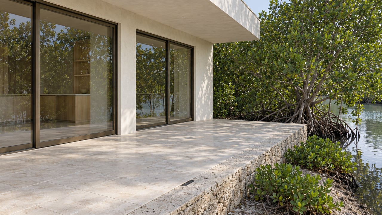Limestone terrace beside bronze-framed glass doors, with a red mangrove and coquina curb along still water.