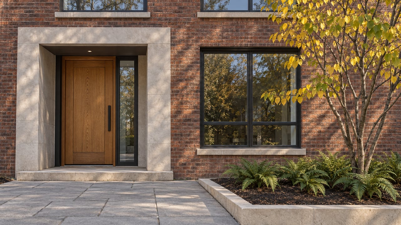 Brick residential entrance with a limestone surround, oak door, black-framed windows and a redbud turning yellow beside a paved approach.