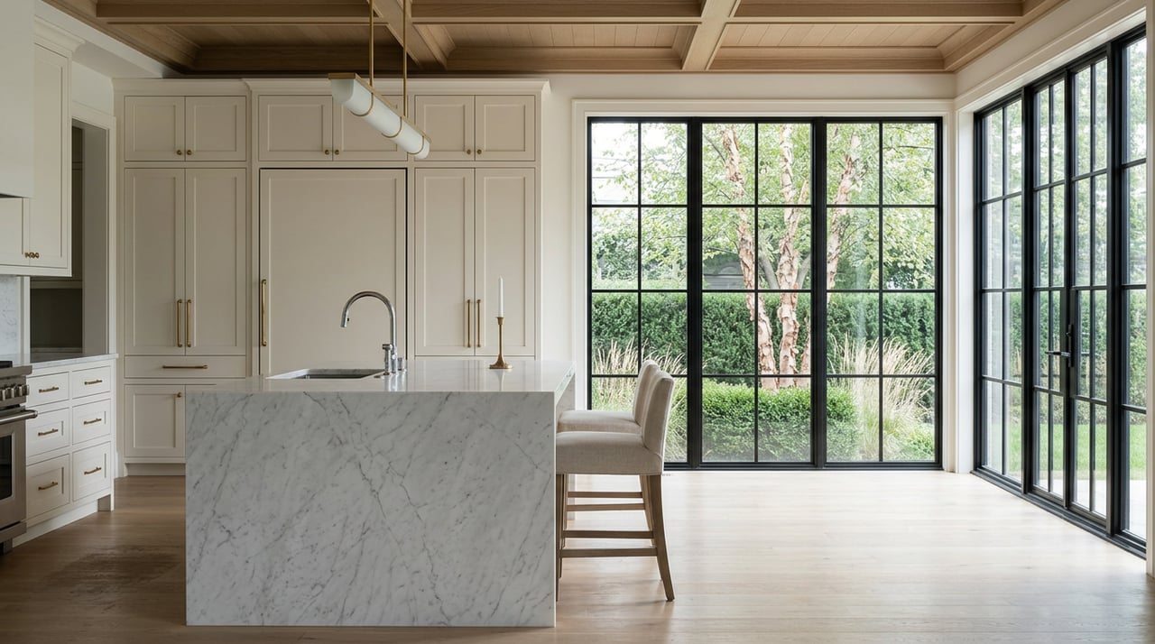 Kitchen with a veined marble island, ivory cabinets, black steel windows, and a birch tree beyond a clipped hedge.