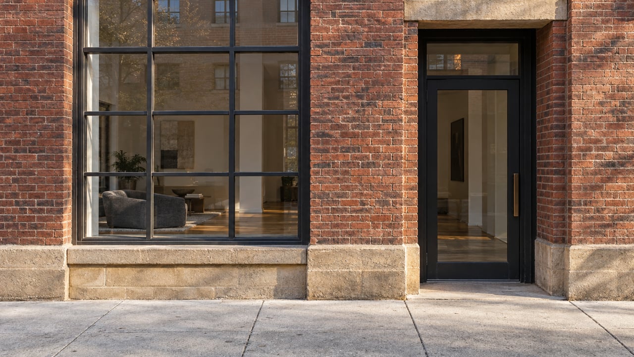 Sunlit brick loft facade with a tall black steel window, recessed glass entrance and weathered sandstone base.