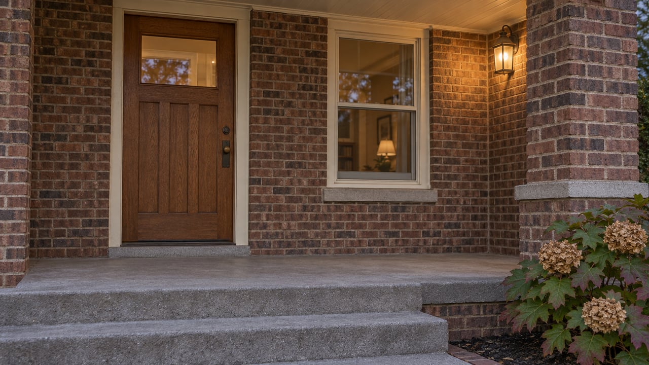 Evening light on a brick home's oak front door, cream trim, concrete porch steps, and oakleaf hydrangea.