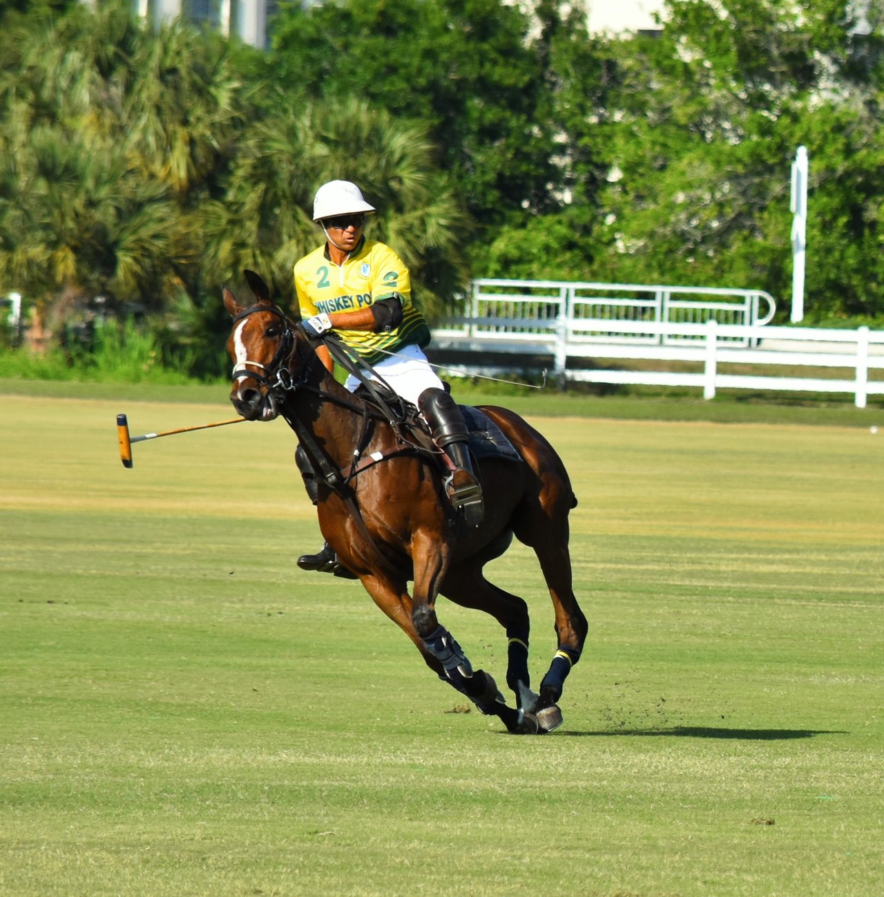 Polo player in a yellow jersey riding a brown horse across a grassy field.