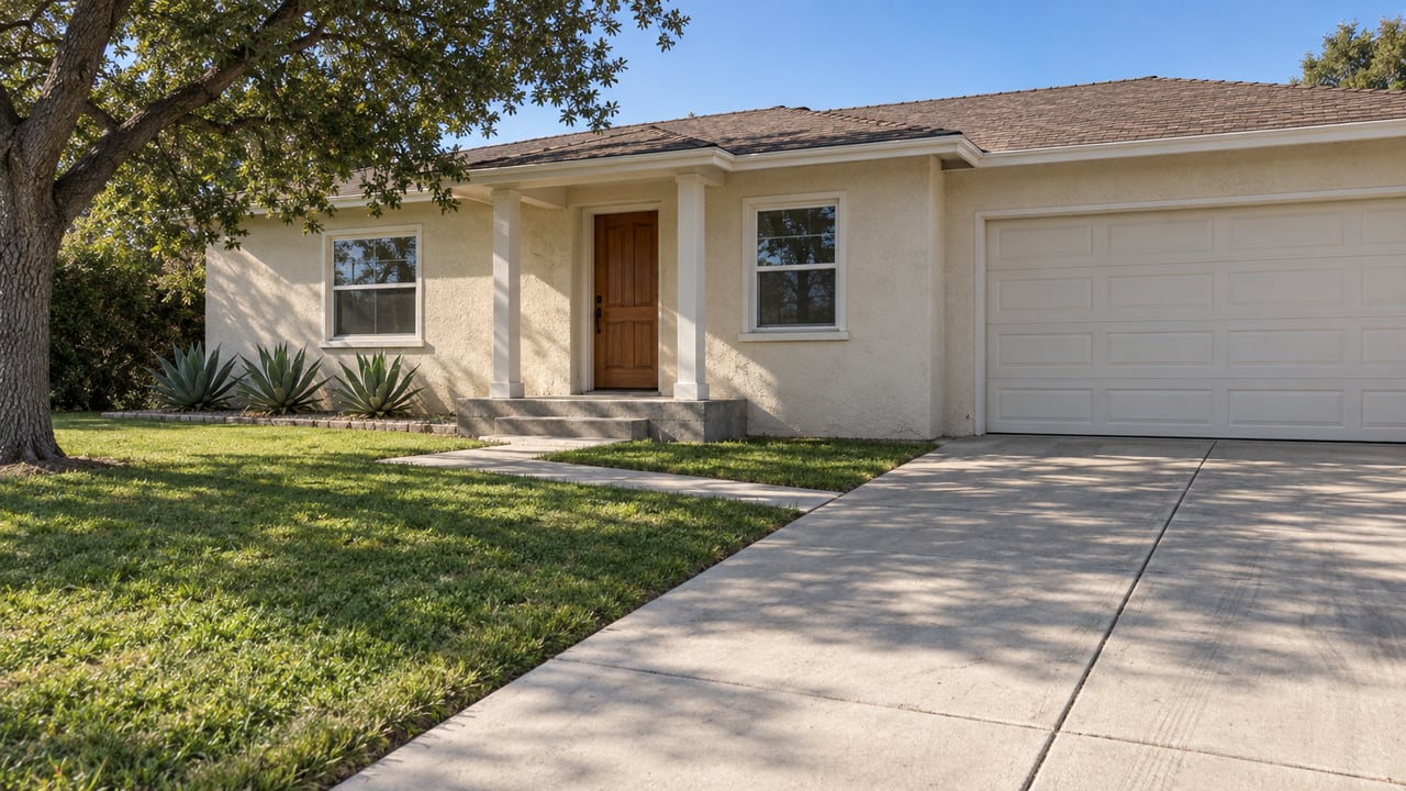 Cream stucco single-story home with a covered entry, attached garage, concrete driveway and deep lawn beneath a mature oak.