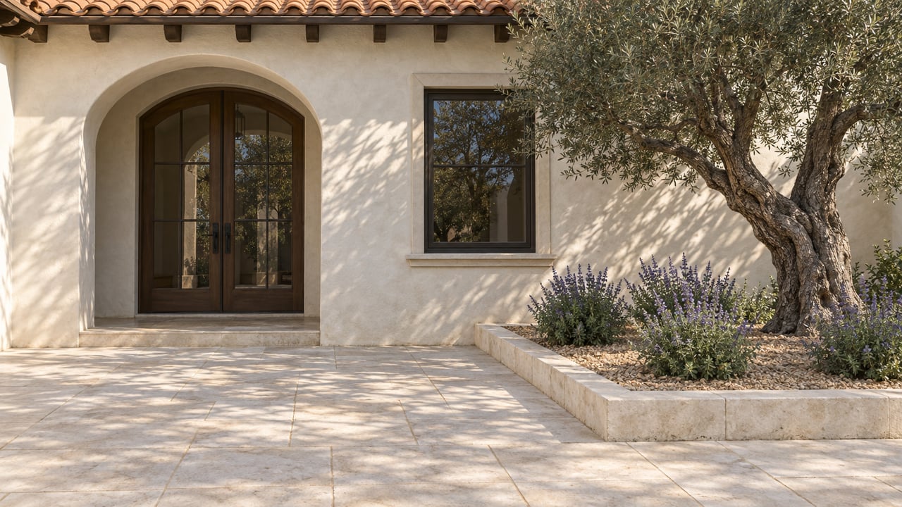 Sunlit stucco estate entry with paired glass doors, a clay tile roof, limestone terrace and a mature olive tree.