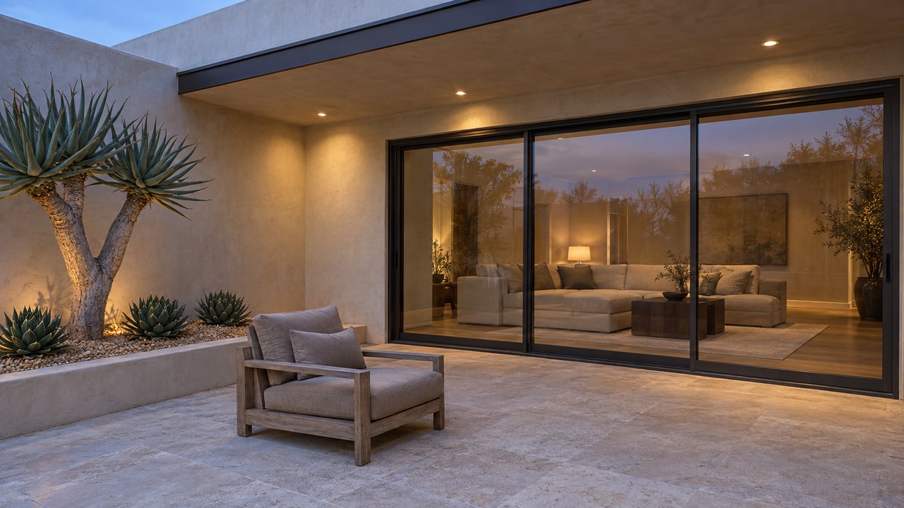 A blue-hour residential terrace with limestone paving, a teak lounge chair, sculptural desert planting and a warmly lit living room behind bronze-framed glass.