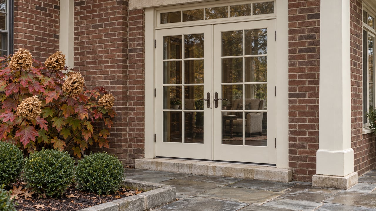 Brown-red brick home with ivory divided-lite French doors, a limestone patio and copper-colored oakleaf hydrangea.
