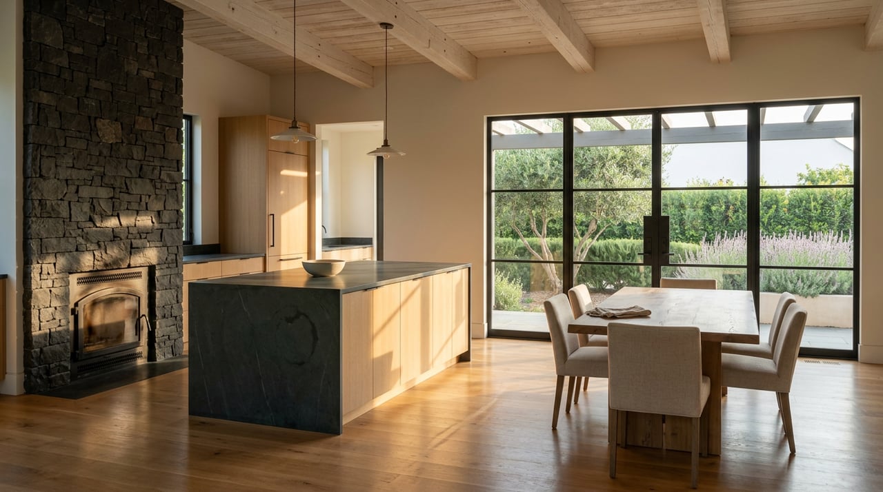 Great room with dark stone island, basalt fireplace, and steel doors overlooking an olive tree.