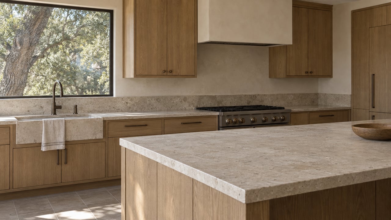 Limestone kitchen island with oak cabinetry, a bronze-framed window, and an oak tree outside.
