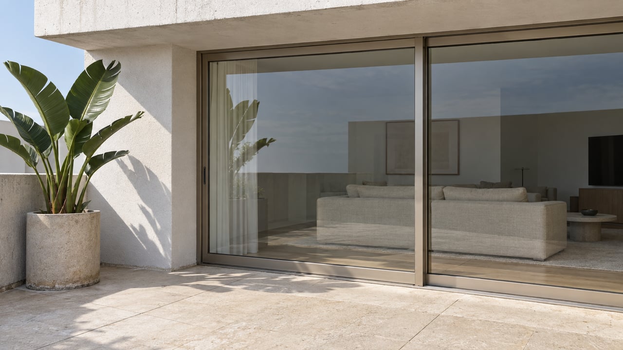 White concrete condo terrace with pale limestone flooring, closed bronze-framed glass doors and a bird-of-paradise plant in a concrete pot.