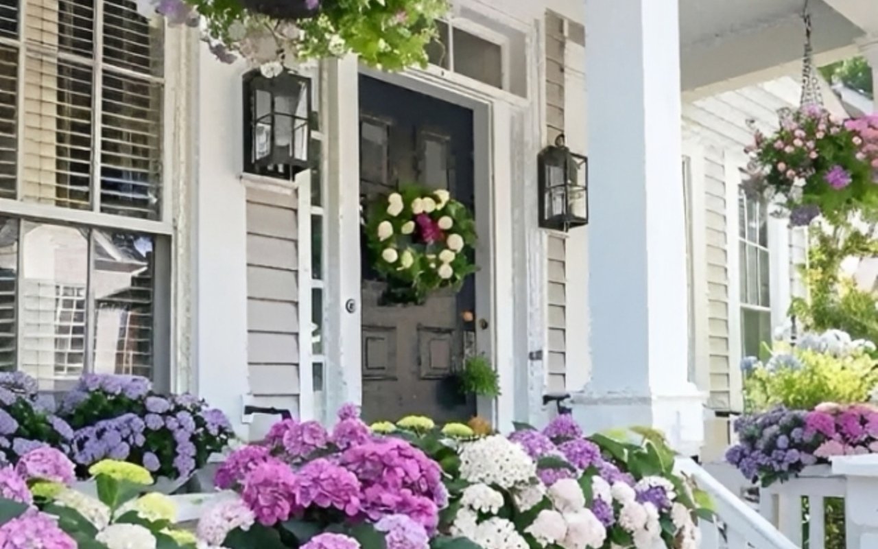 White house entrance framed by colorful hydrangeas and a dark front door.