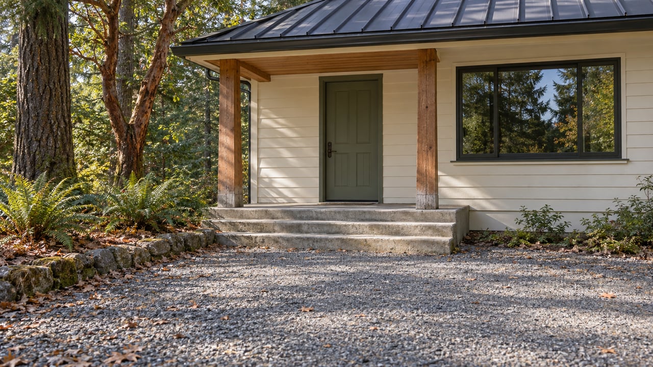 Cream wood cottage with a green entry door, timber porch posts and concrete steps beside a gravel drive and woodland planting.