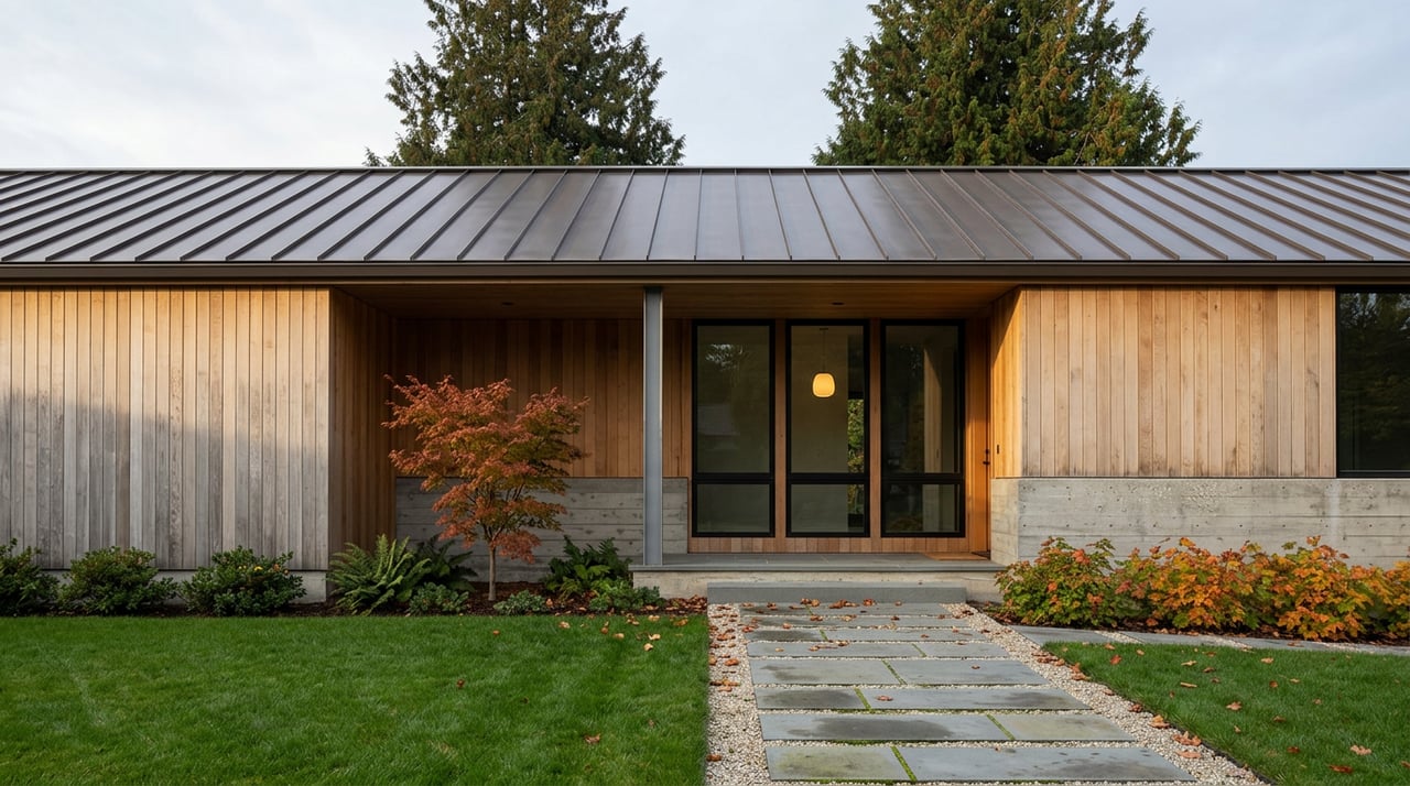Contemporary cedar house with black-framed windows, a Japanese maple, and a bluestone path across the lawn.