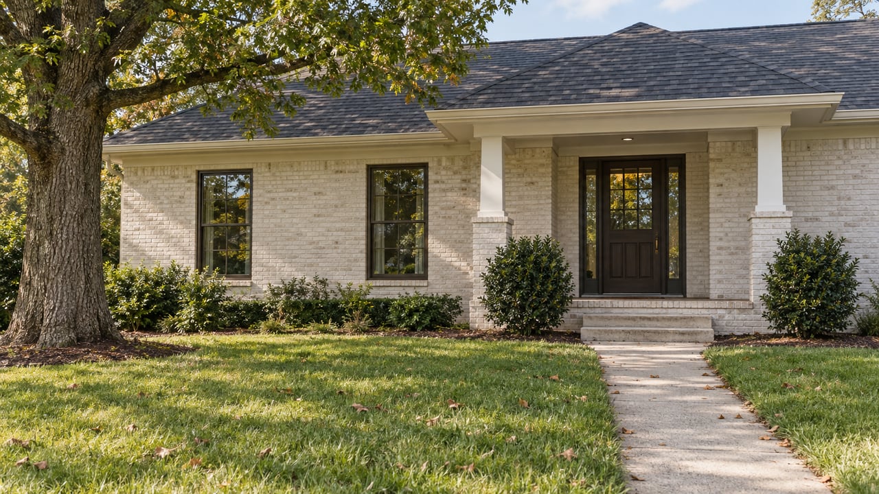 Off-white brick home with a charcoal gabled roof, covered porch, concrete walkway, and mature oak beside the lawn.