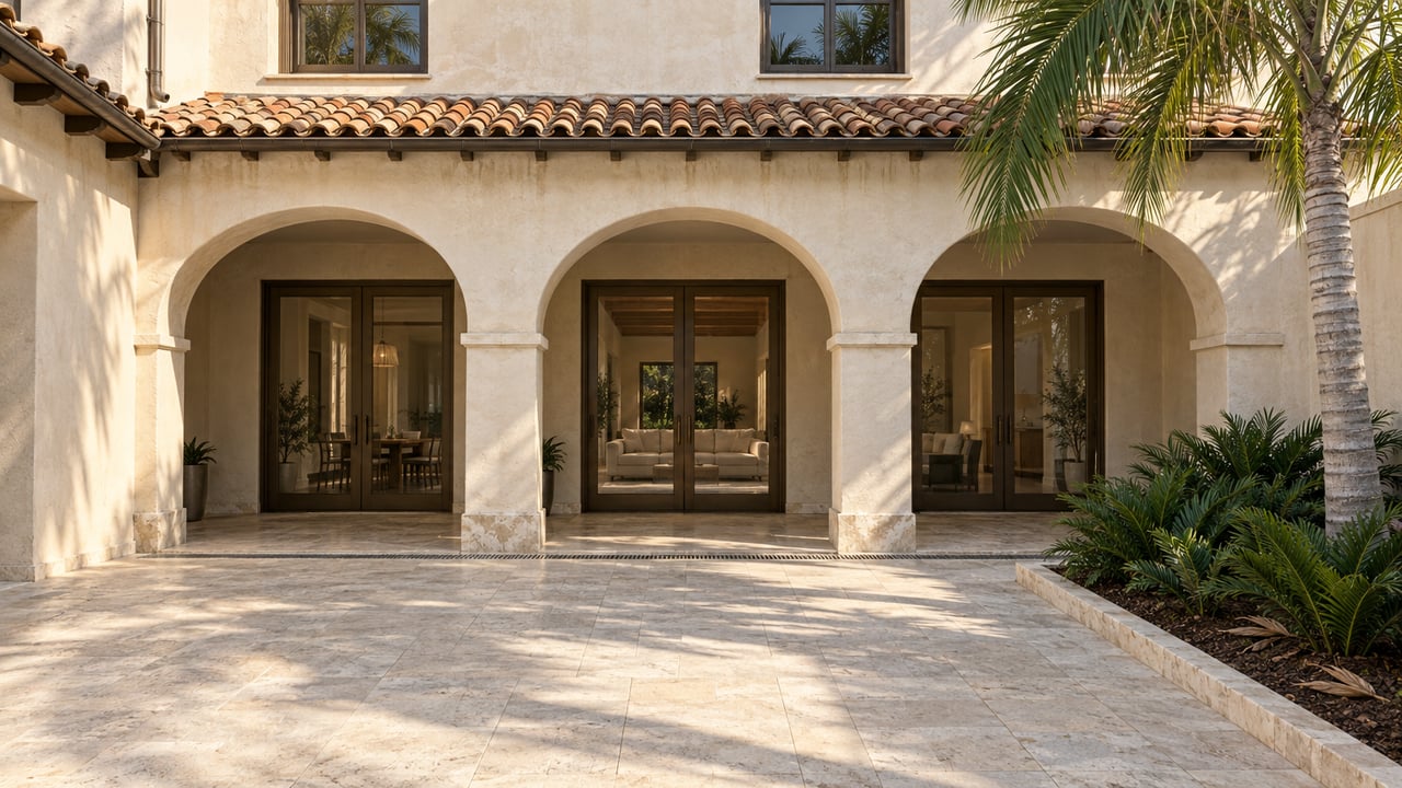 Sunlit limestone courtyard with ivory stucco arches, terracotta roof tiles, bronze-framed glass doors and a sculptural palm.