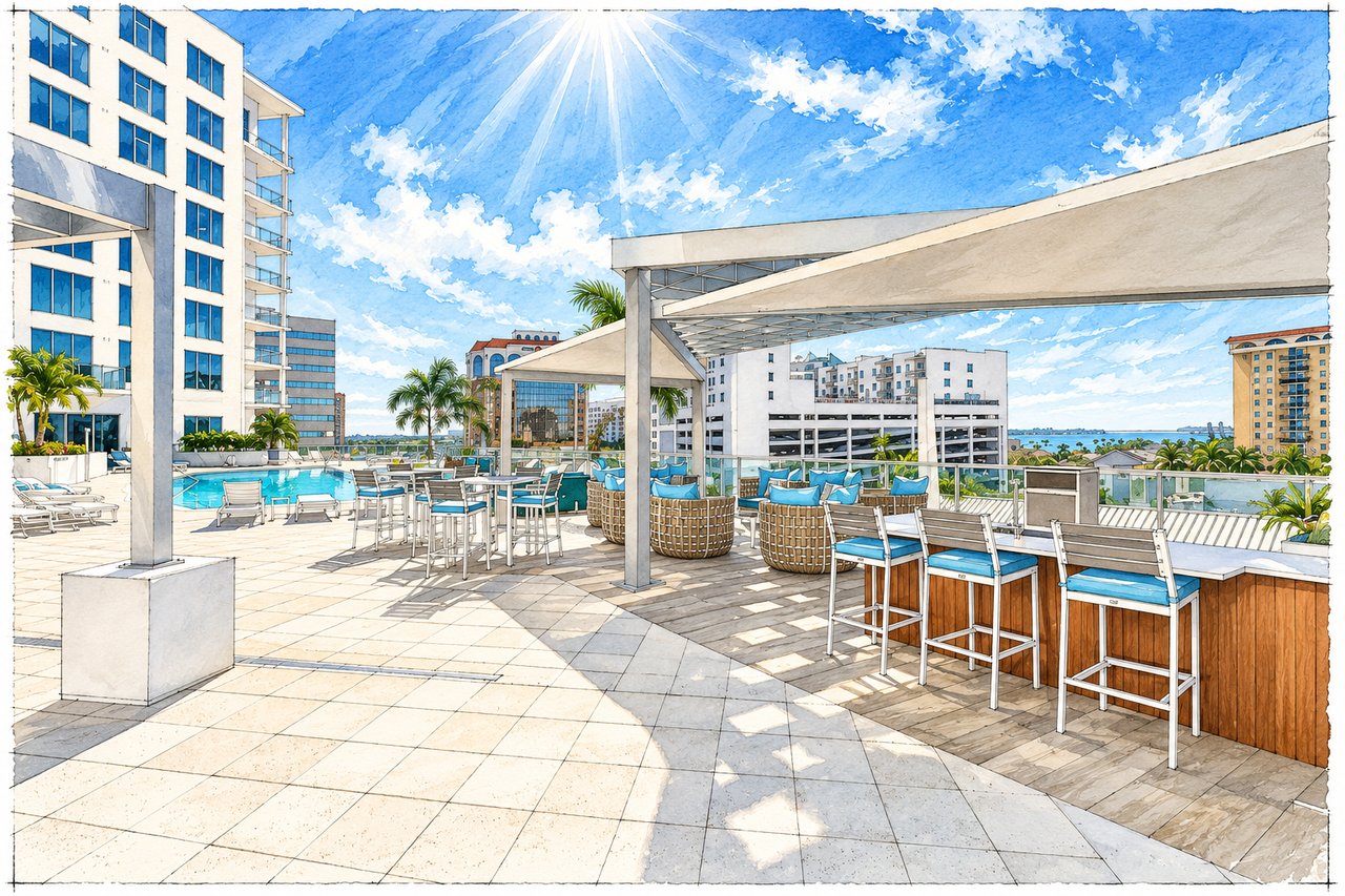 The Mark Sarasota rooftop terrace with a pool, shaded dining area, and distant bay view.