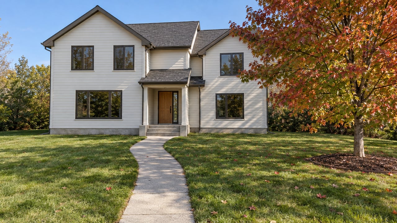 Off-white two-story home beyond a broad autumn lawn, with a concrete front walk and a red maple beside the entrance.