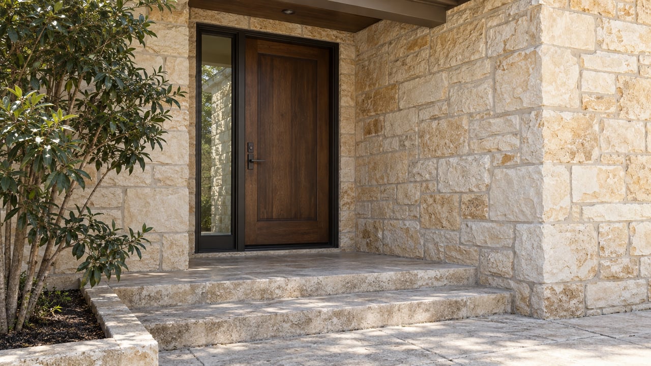 Recessed walnut front door with a bronze-framed sidelight, limestone walls, broad steps, and a multi-stem tree.