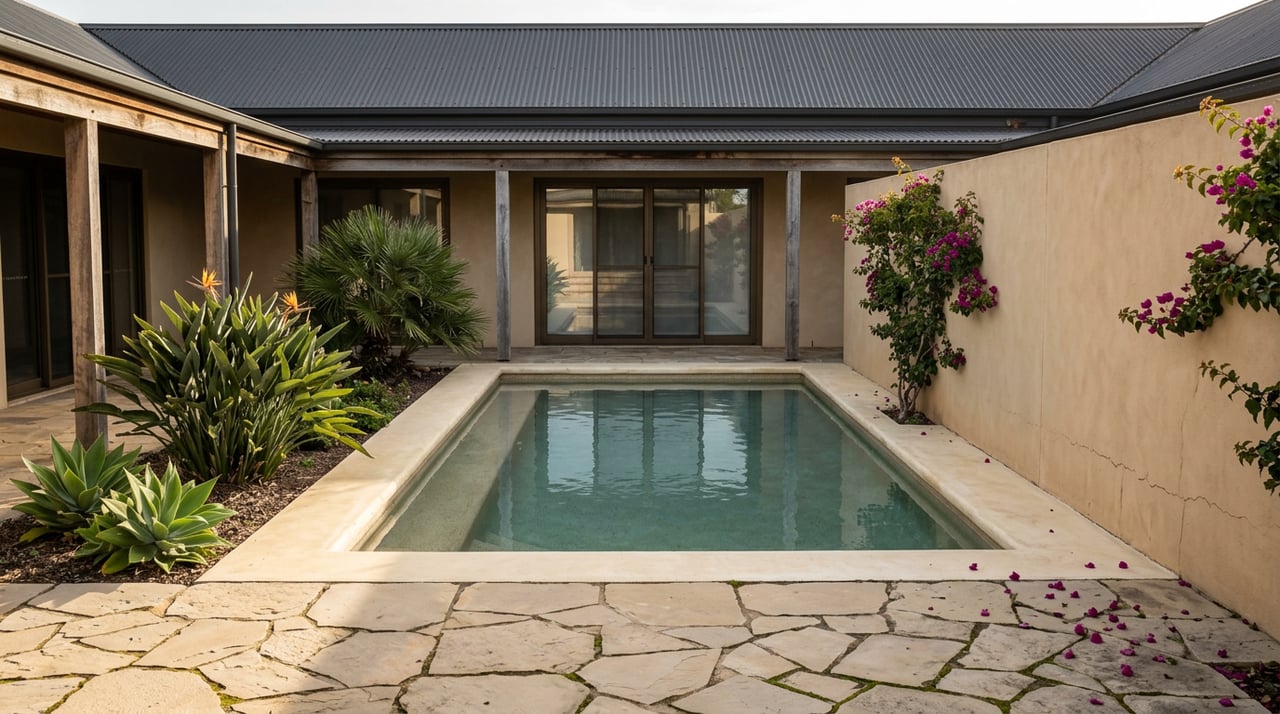 A compact courtyard pool bordered by flagstone, tropical plants, and a timber-post veranda.