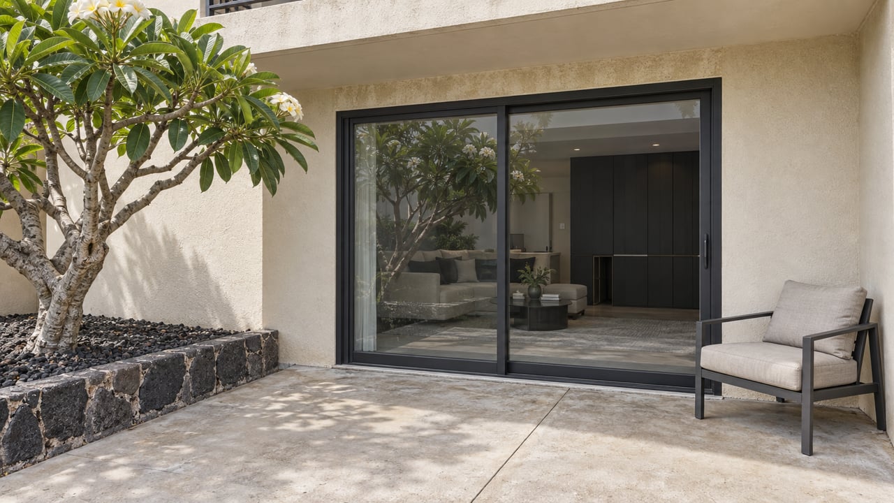 A quiet condominium terrace with cream stucco, dark-framed sliding glass doors, a charcoal outdoor chair and a flowering plumeria beside a volcanic-stone planting curb.
